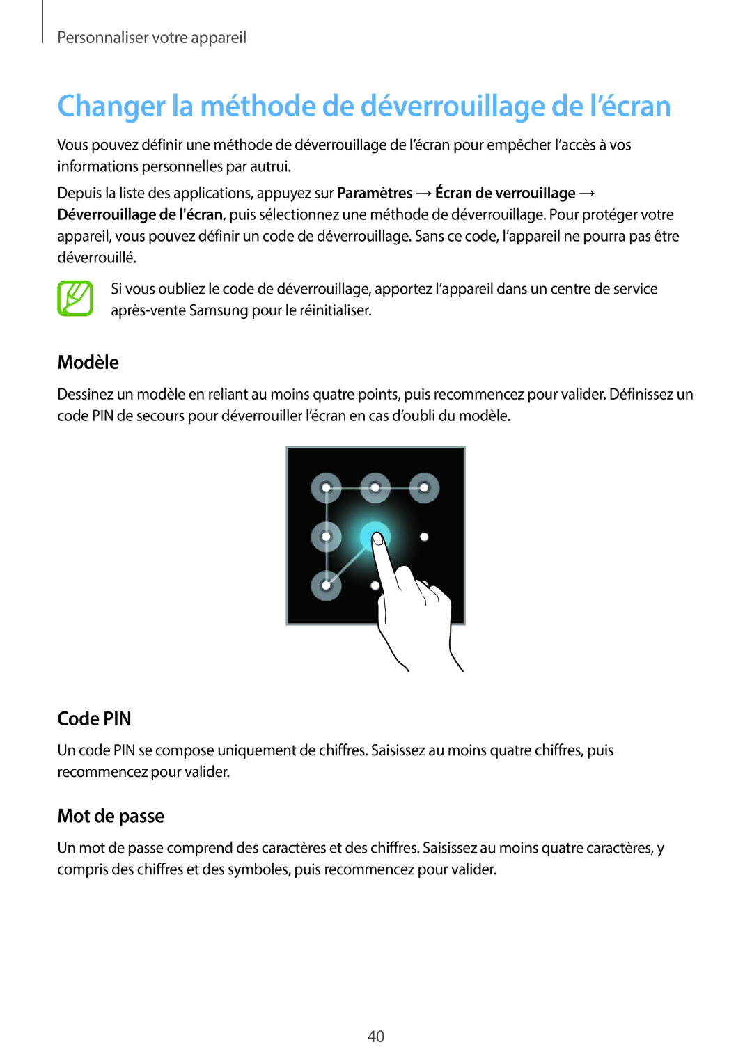 Samsung SM-G110HZWAXEF, SM-G110HZKAXEF manual Modèle, Code PIN, Mot de passe 