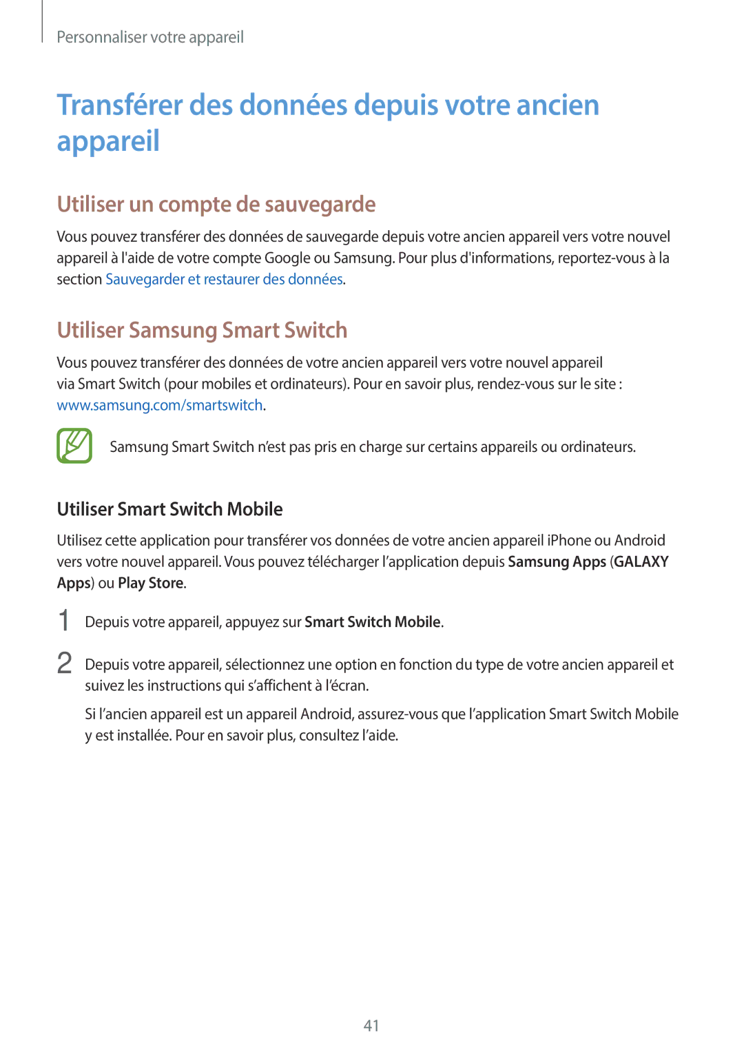 Samsung SM-G110HZKAXEF manual Transférer des données depuis votre ancien appareil, Utiliser un compte de sauvegarde 