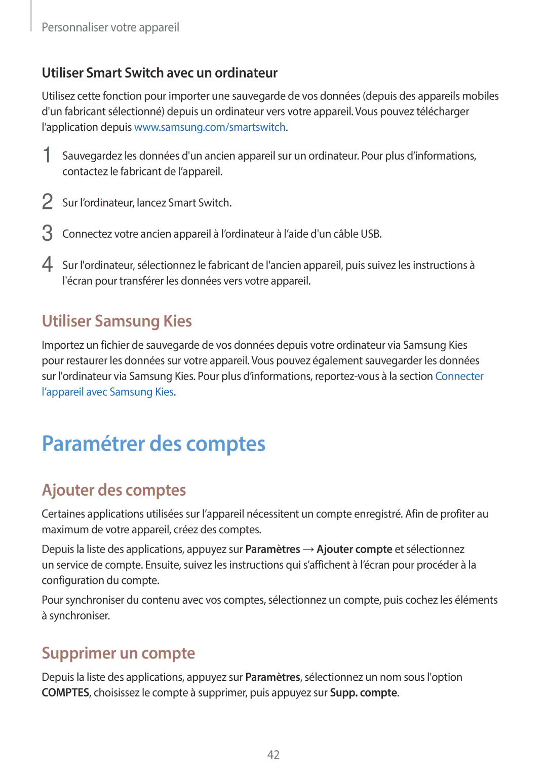 Samsung SM-G110HZWAXEF manual Paramétrer des comptes, Utiliser Samsung Kies, Ajouter des comptes, Supprimer un compte 