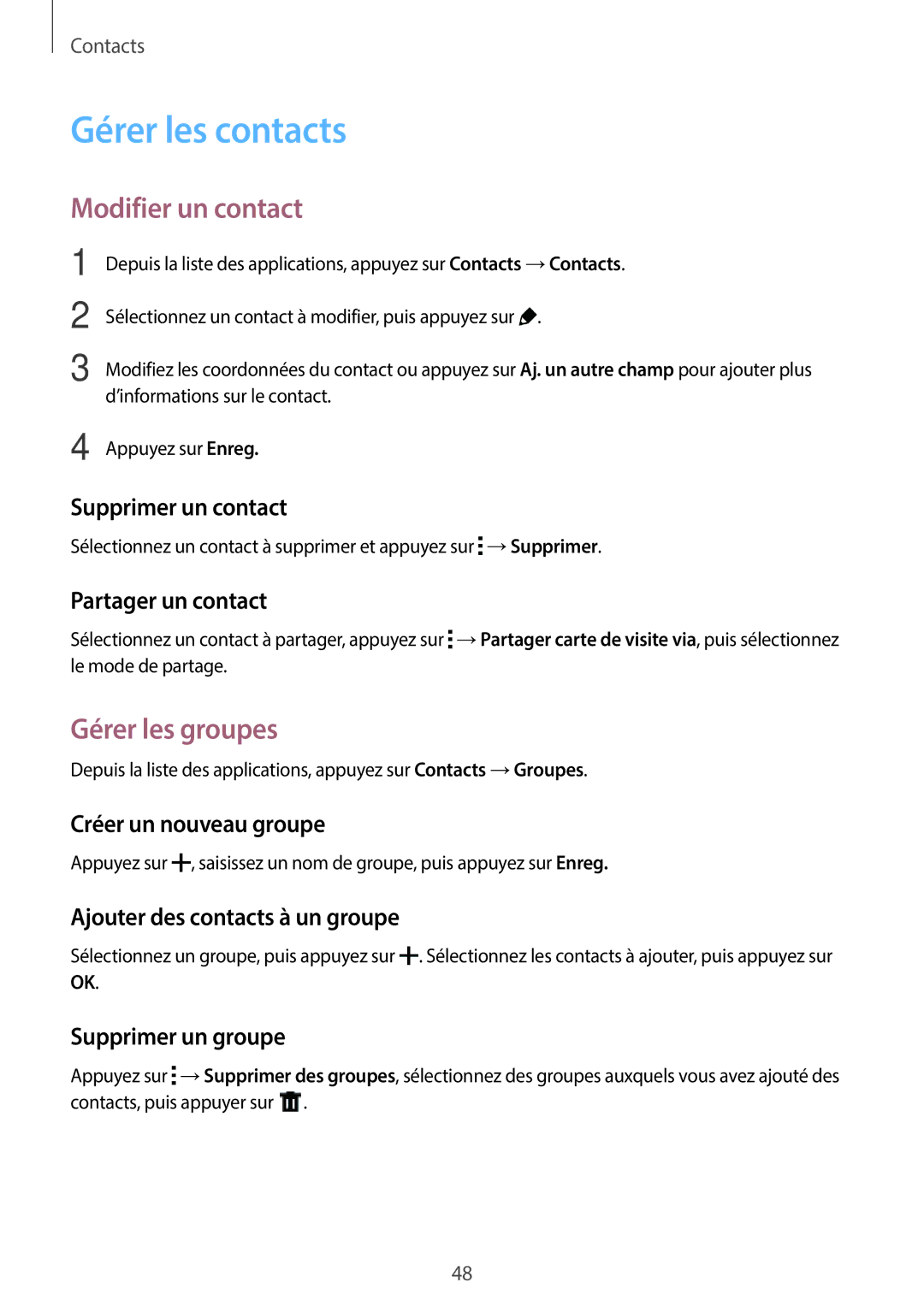 Samsung SM-G110HZWAXEF, SM-G110HZKAXEF manual Gérer les contacts, Modifier un contact, Gérer les groupes 