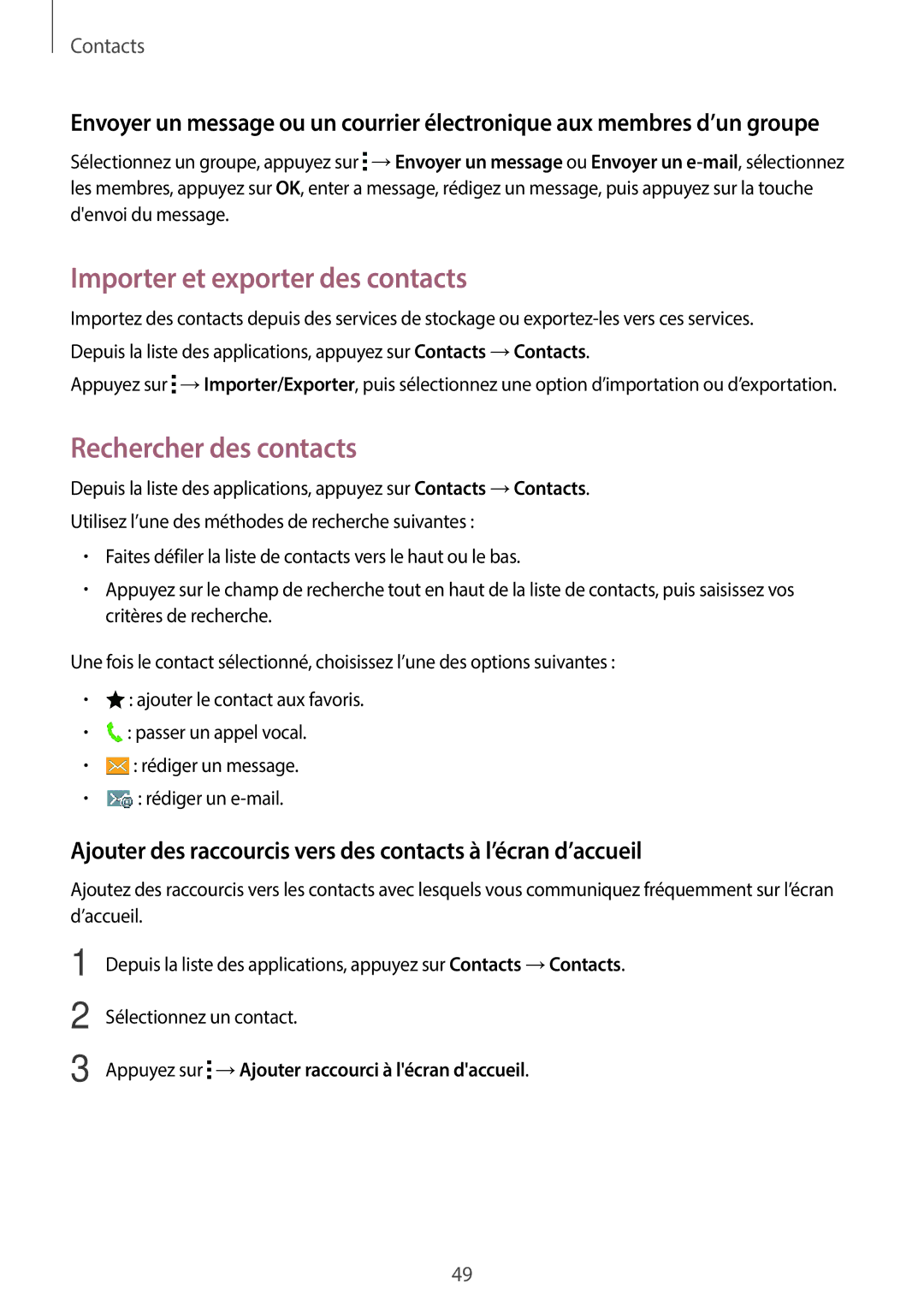 Samsung SM-G110HZKAXEF, SM-G110HZWAXEF manual Importer et exporter des contacts, Rechercher des contacts 