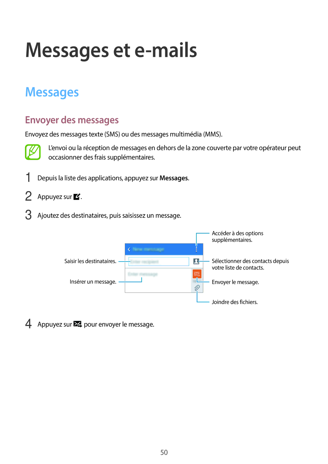 Samsung SM-G110HZWAXEF, SM-G110HZKAXEF manual Messages et e-mails, Envoyer des messages 