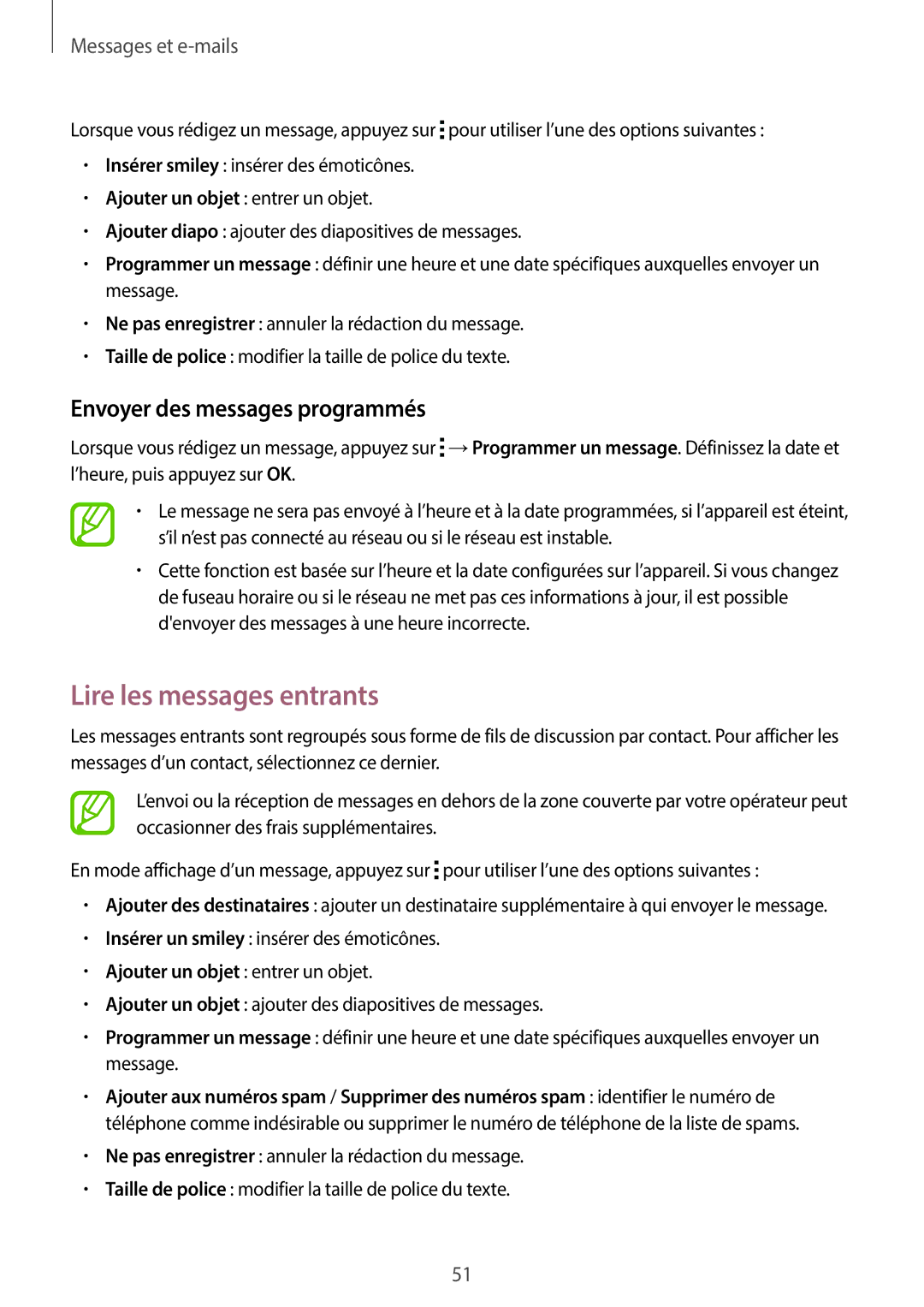 Samsung SM-G110HZKAXEF, SM-G110HZWAXEF manual Lire les messages entrants, Envoyer des messages programmés 