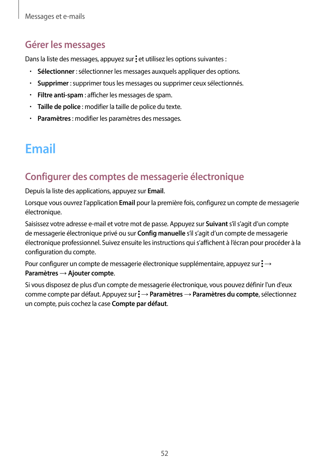 Samsung SM-G110HZWAXEF, SM-G110HZKAXEF manual Gérer les messages, Configurer des comptes de messagerie électronique 