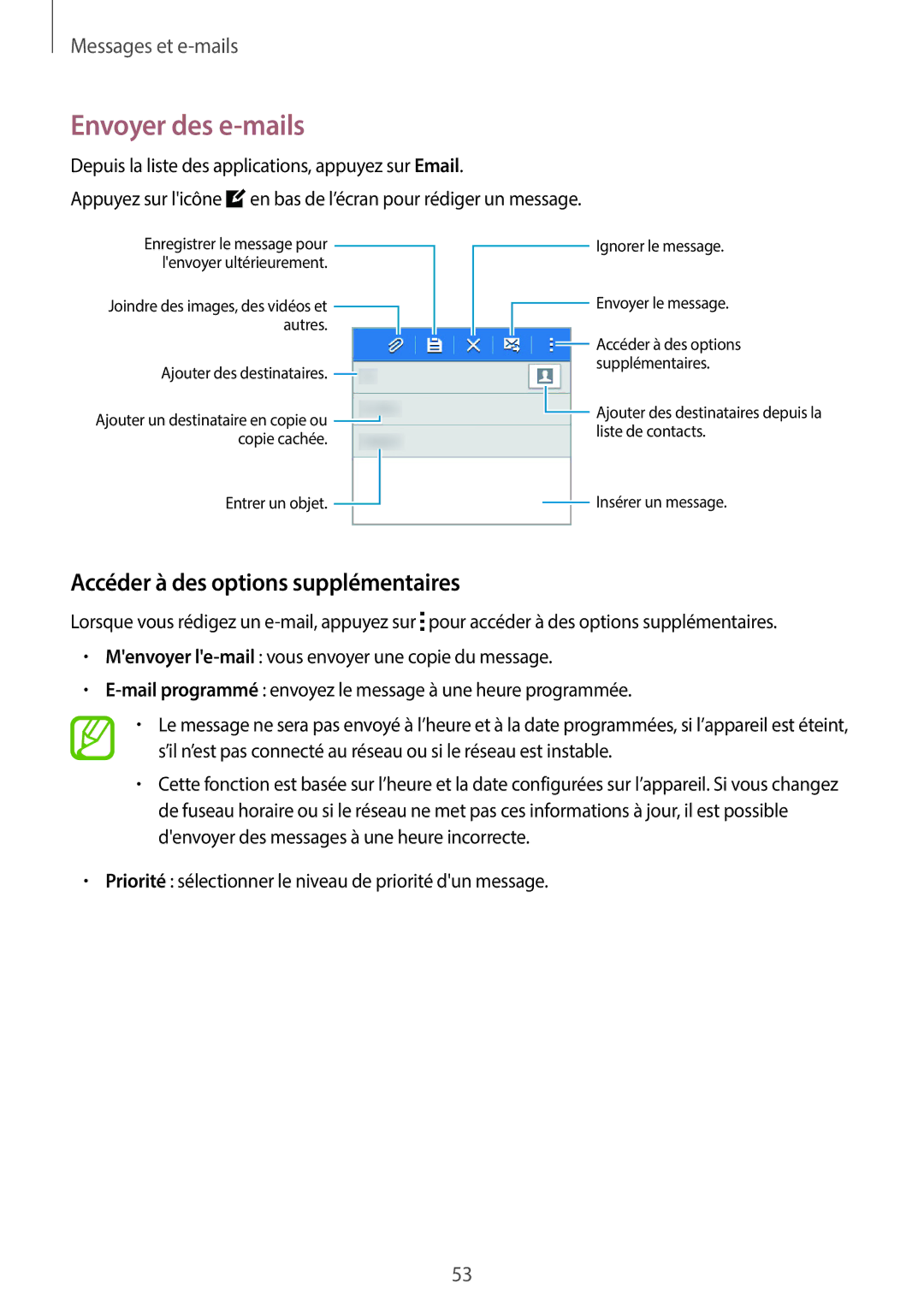 Samsung SM-G110HZKAXEF, SM-G110HZWAXEF manual Envoyer des e-mails, Accéder à des options supplémentaires 