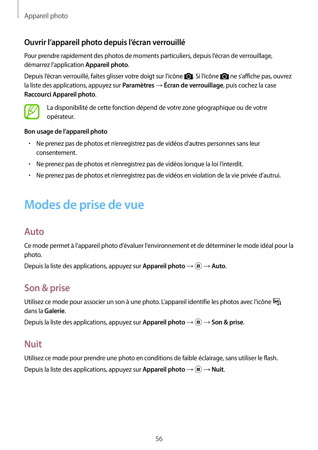 Samsung SM-G110HZWAXEF Modes de prise de vue, Auto, Son & prise, Nuit, Ouvrir l’appareil photo depuis l’écran verrouillé 