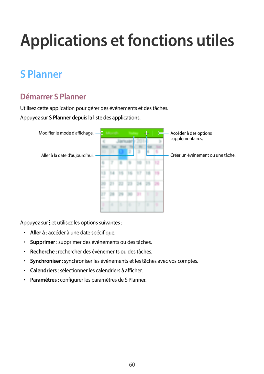 Samsung SM-G110HZWAXEF, SM-G110HZKAXEF manual Démarrer S Planner 