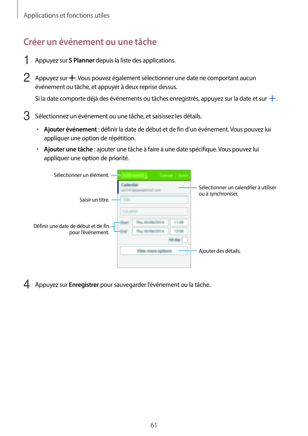 Samsung SM-G110HZKAXEF, SM-G110HZWAXEF manual Créer un événement ou une tâche 