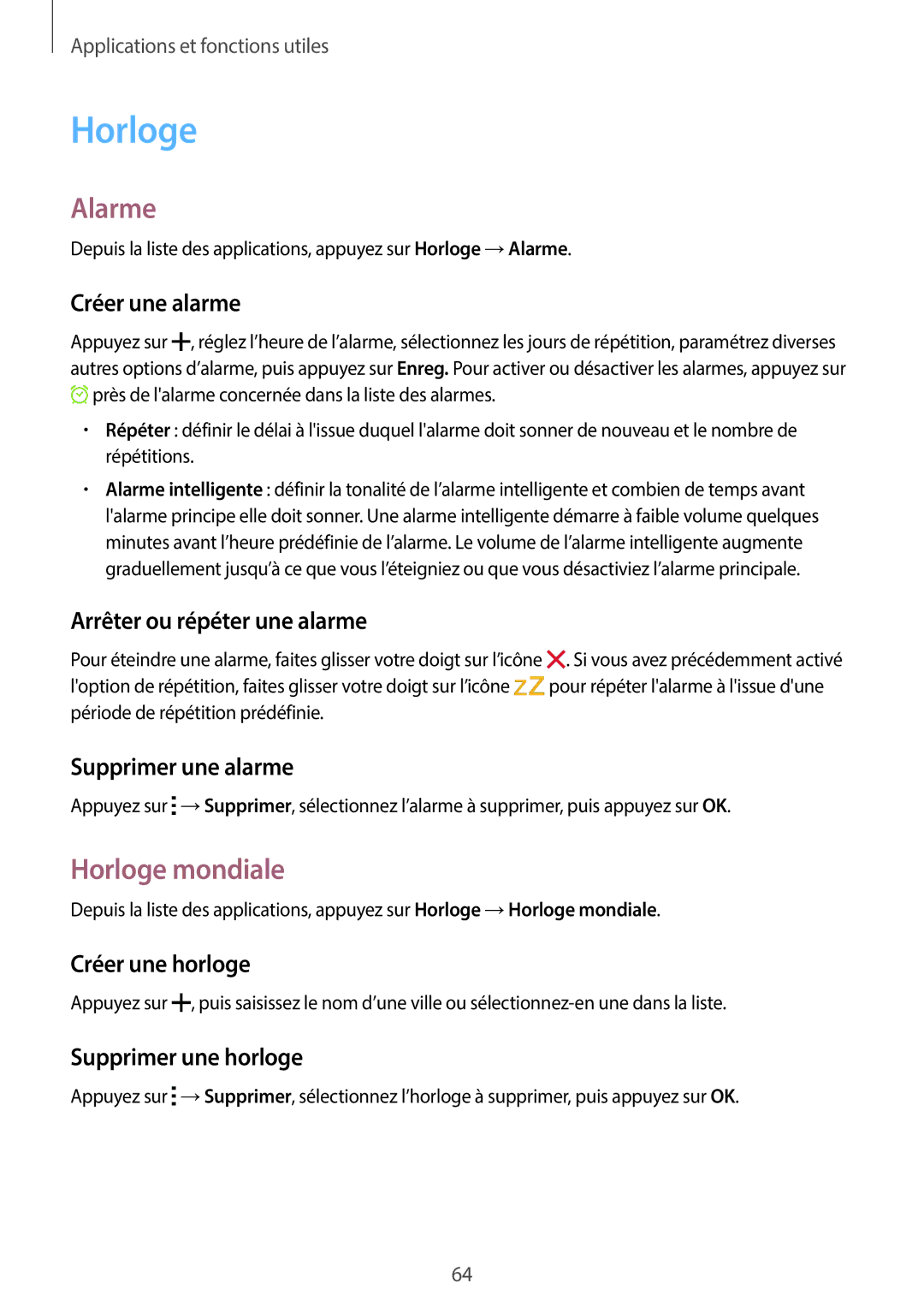 Samsung SM-G110HZWAXEF, SM-G110HZKAXEF manual Alarme, Horloge mondiale 