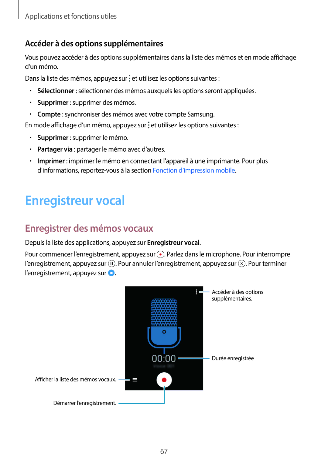 Samsung SM-G110HZKAXEF, SM-G110HZWAXEF manual Enregistreur vocal, Enregistrer des mémos vocaux 