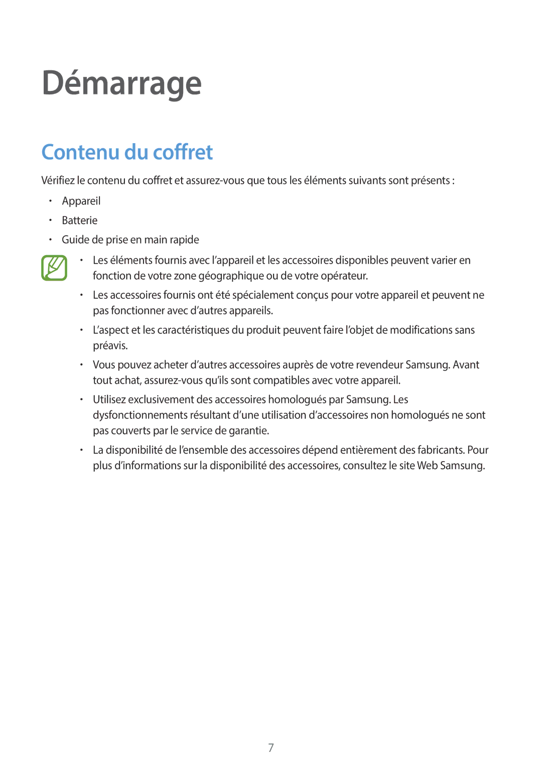 Samsung SM-G110HZKAXEF, SM-G110HZWAXEF manual Démarrage, Contenu du coffret 