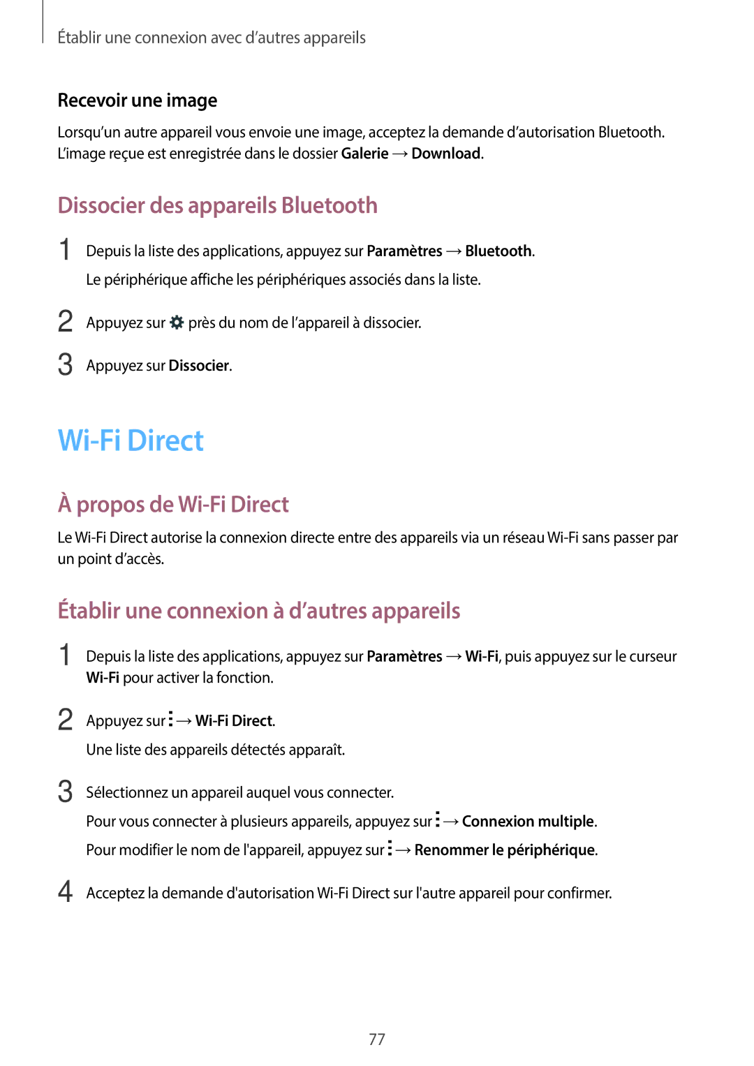 Samsung SM-G110HZKAXEF, SM-G110HZWAXEF Dissocier des appareils Bluetooth, Propos de Wi-Fi Direct, Recevoir une image 