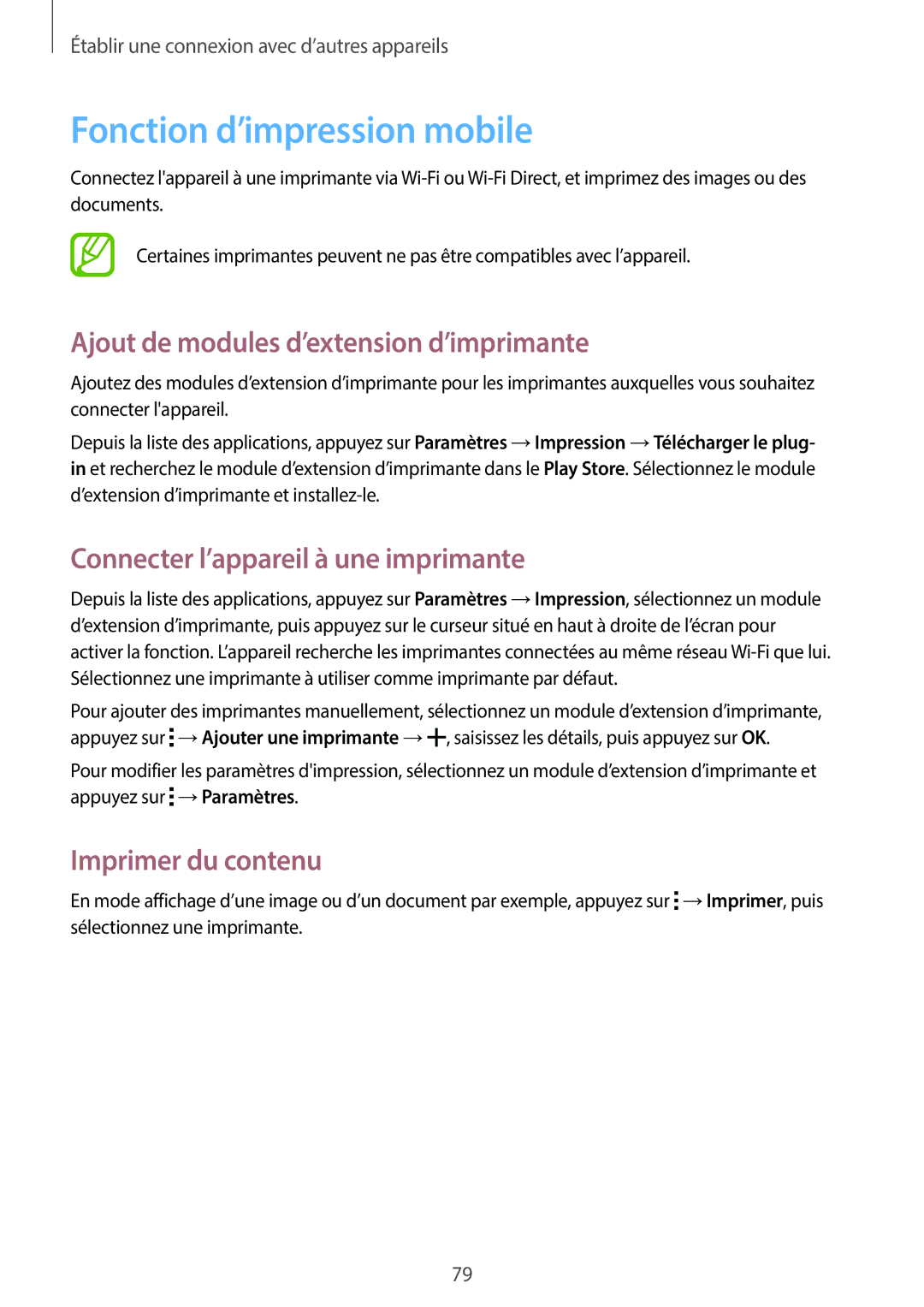 Samsung SM-G110HZKAXEF manual Fonction d’impression mobile, Ajout de modules d’extension d’imprimante, Imprimer du contenu 