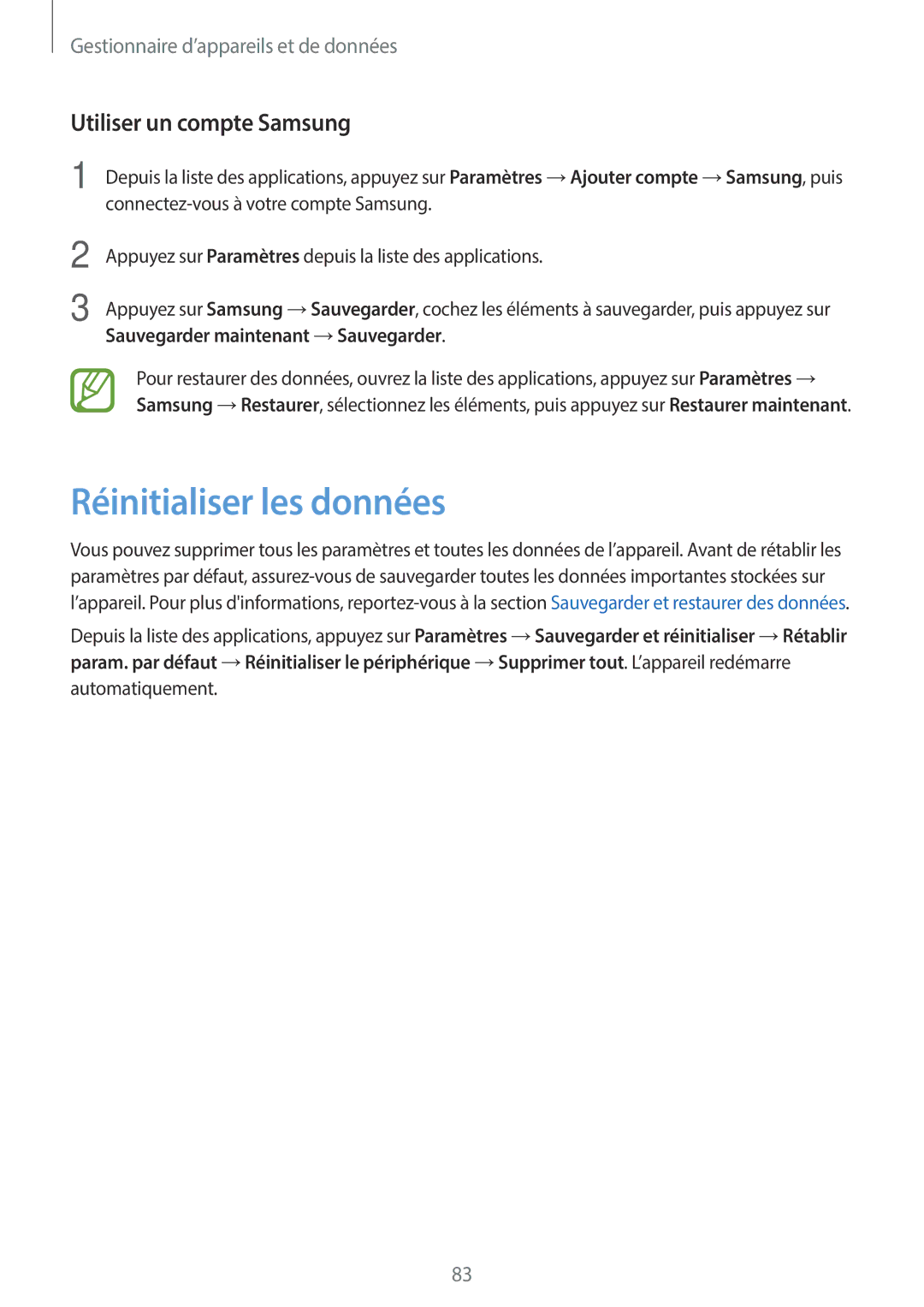 Samsung SM-G110HZKAXEF, SM-G110HZWAXEF manual Réinitialiser les données, Utiliser un compte Samsung 