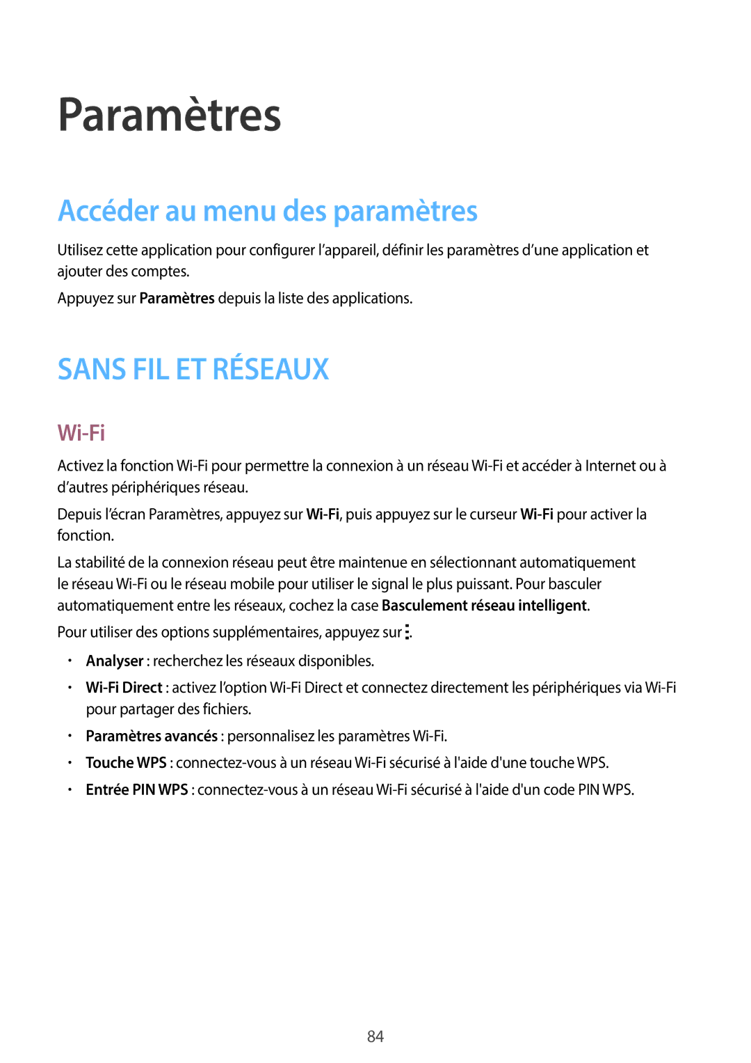 Samsung SM-G110HZWAXEF, SM-G110HZKAXEF manual Paramètres, Accéder au menu des paramètres, Wi-Fi 