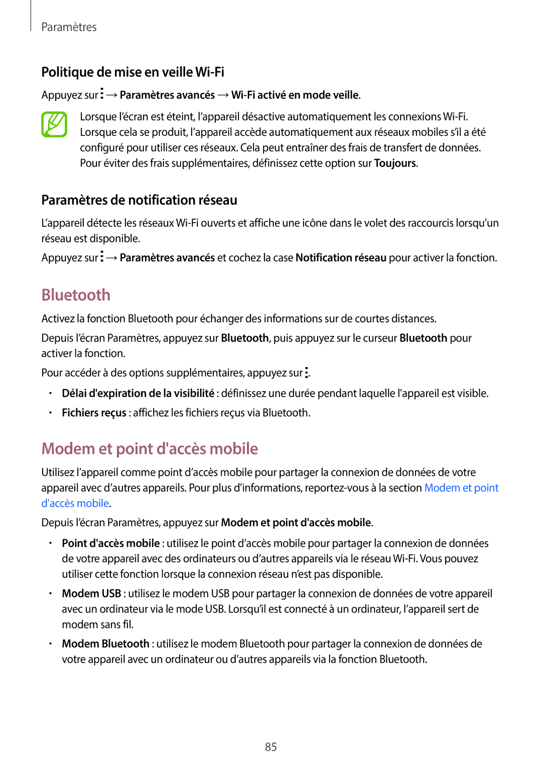 Samsung SM-G110HZKAXEF, SM-G110HZWAXEF manual Bluetooth, Modem et point daccès mobile, Politique de mise en veille Wi-Fi 