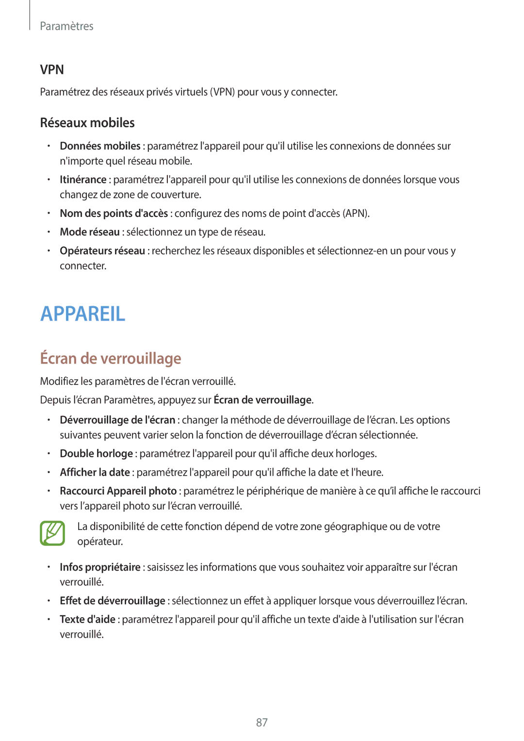 Samsung SM-G110HZKAXEF, SM-G110HZWAXEF manual Écran de verrouillage, Réseaux mobiles 