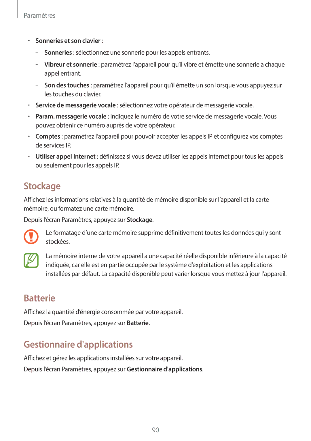 Samsung SM-G110HZWAXEF, SM-G110HZKAXEF manual Stockage, Batterie, Gestionnaire dapplications, Sonneries et son clavier 