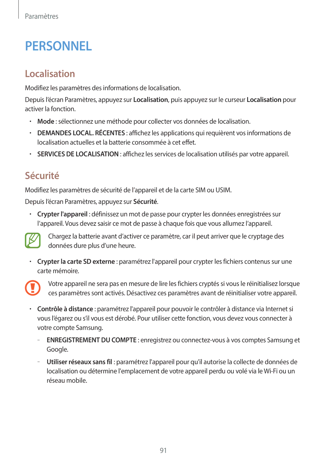 Samsung SM-G110HZKAXEF, SM-G110HZWAXEF manual Localisation, Sécurité 