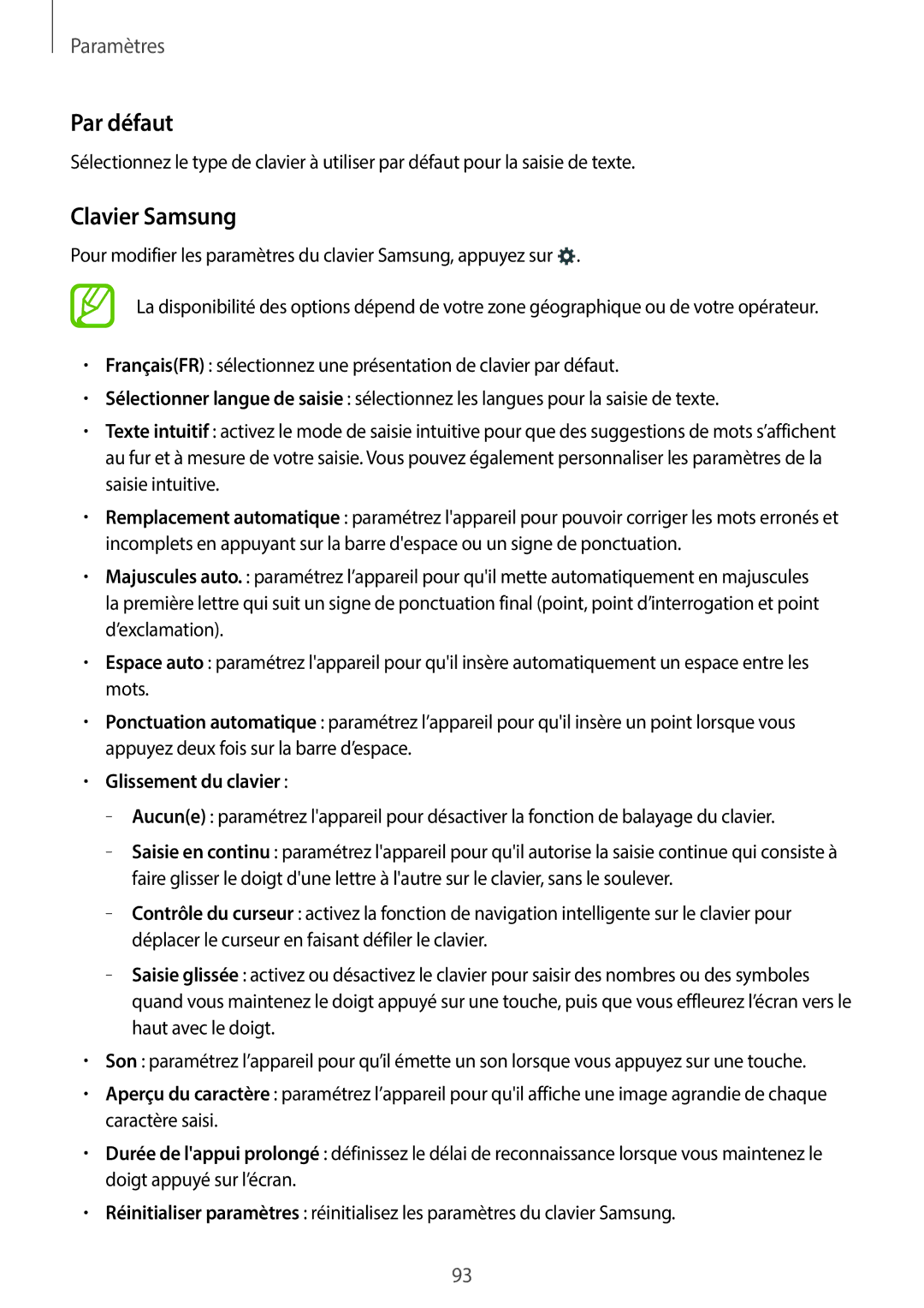 Samsung SM-G110HZKAXEF, SM-G110HZWAXEF manual Par défaut, Clavier Samsung, Glissement du clavier 