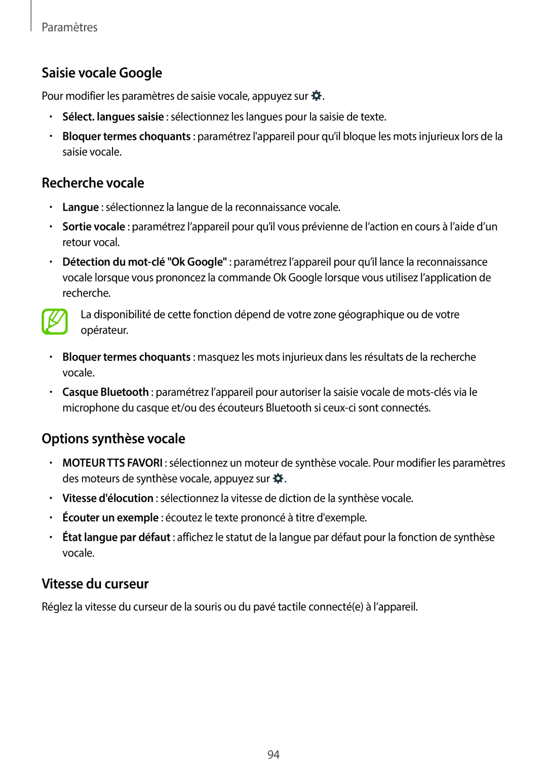 Samsung SM-G110HZWAXEF, SM-G110HZKAXEF Saisie vocale Google, Recherche vocale, Options synthèse vocale, Vitesse du curseur 