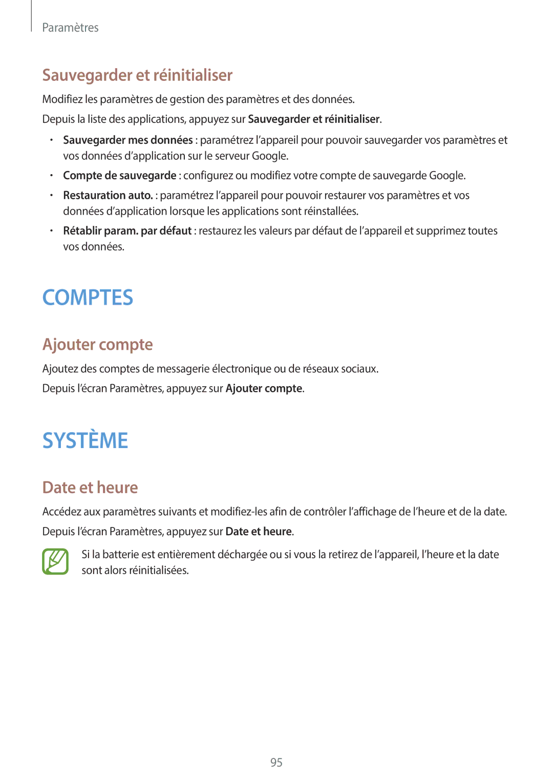 Samsung SM-G110HZKAXEF, SM-G110HZWAXEF manual Sauvegarder et réinitialiser, Ajouter compte, Date et heure 