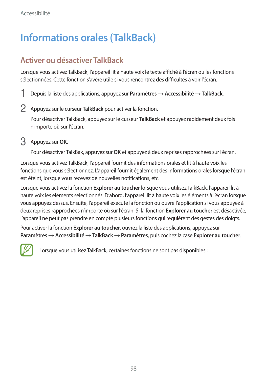 Samsung SM-G110HZWAXEF, SM-G110HZKAXEF manual Informations orales TalkBack, Activer ou désactiver TalkBack 