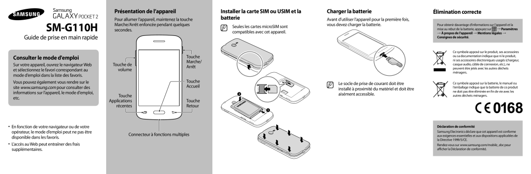 Samsung SM-G110HZKAXEF, SM-G110HZWAXEF manual Consulter le mode demploi, Présentation de l’appareil, Charger la batterie 