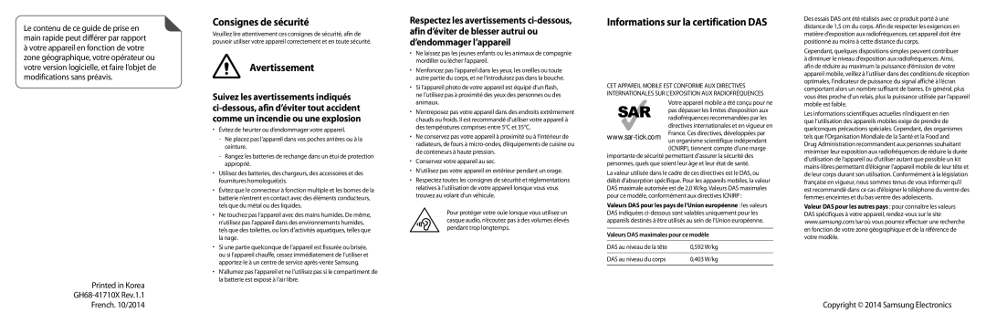 Samsung SM-G110HZWAXEF, SM-G110HZKAXEF manual Consignes de sécurité, Avertissement, Informations sur la certification DAS 