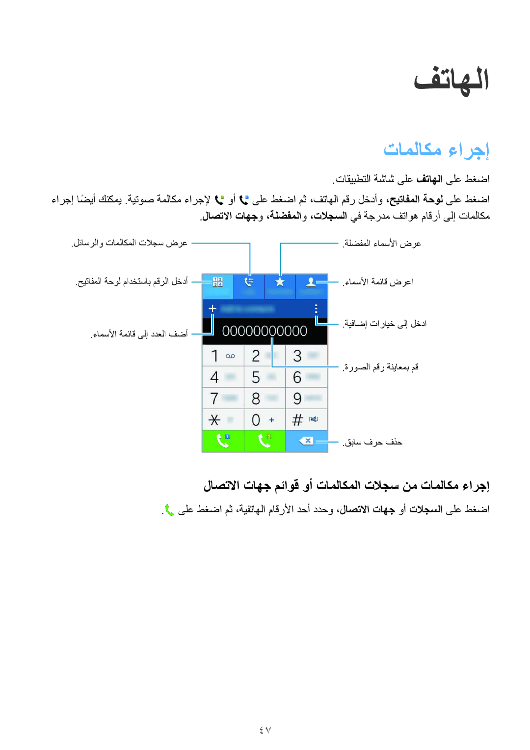 Samsung SM-G130EZWAKSA manual فتاهلا, لاصتلاا تاهج مئاوق وأ تاملاكملا تلاجس نم تاملاكم ءارجإ 