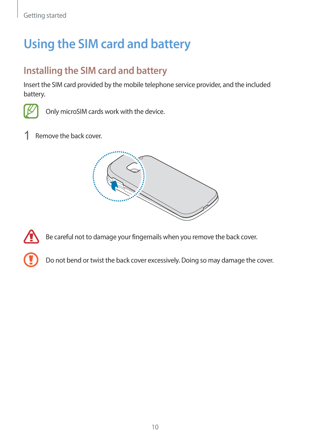 Samsung SM-G130EZWAKSA manual Using the SIM card and battery, Installing the SIM card and battery 