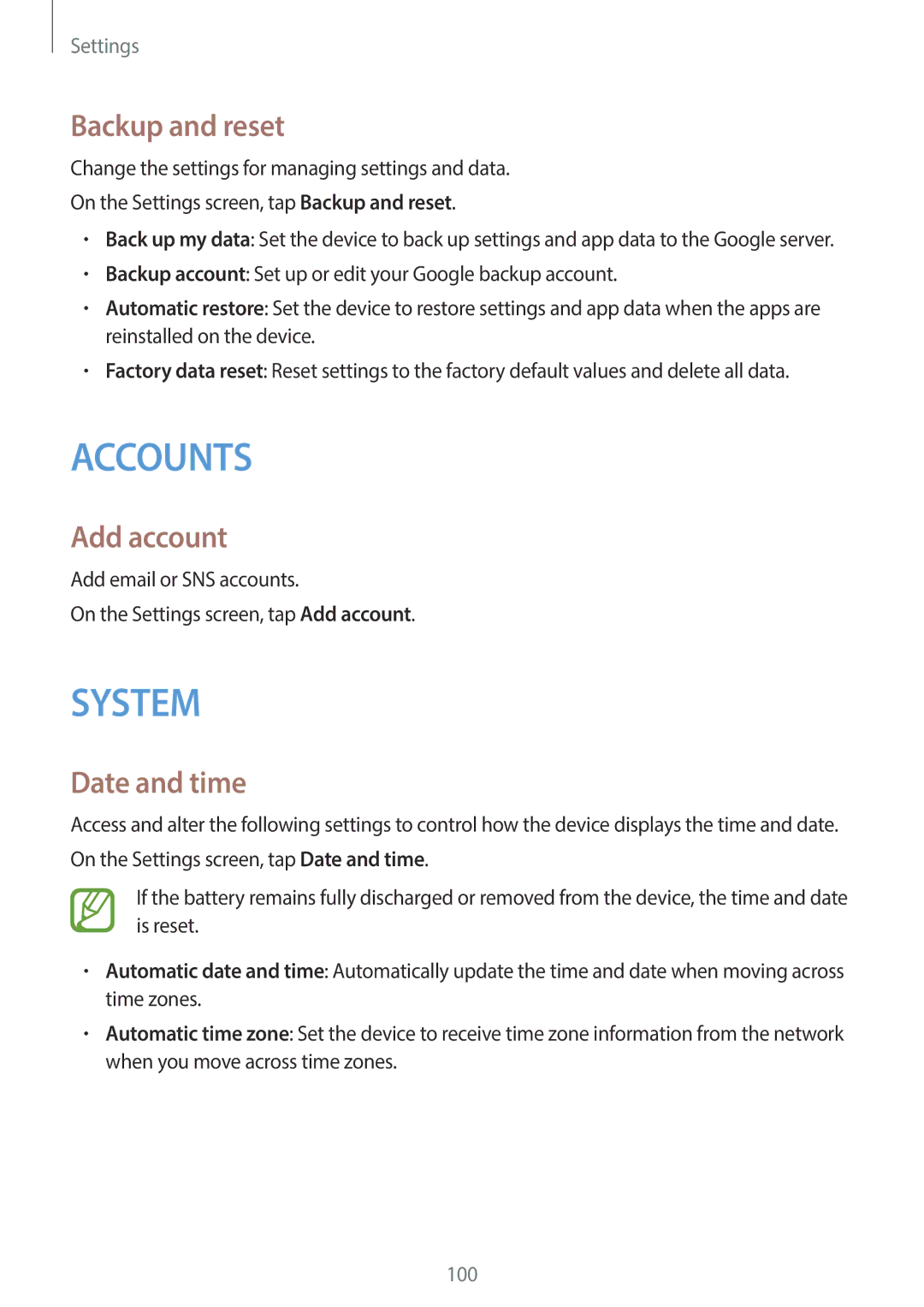 Samsung SM-G130EZWAKSA manual Backup and reset, Add account, Date and time 