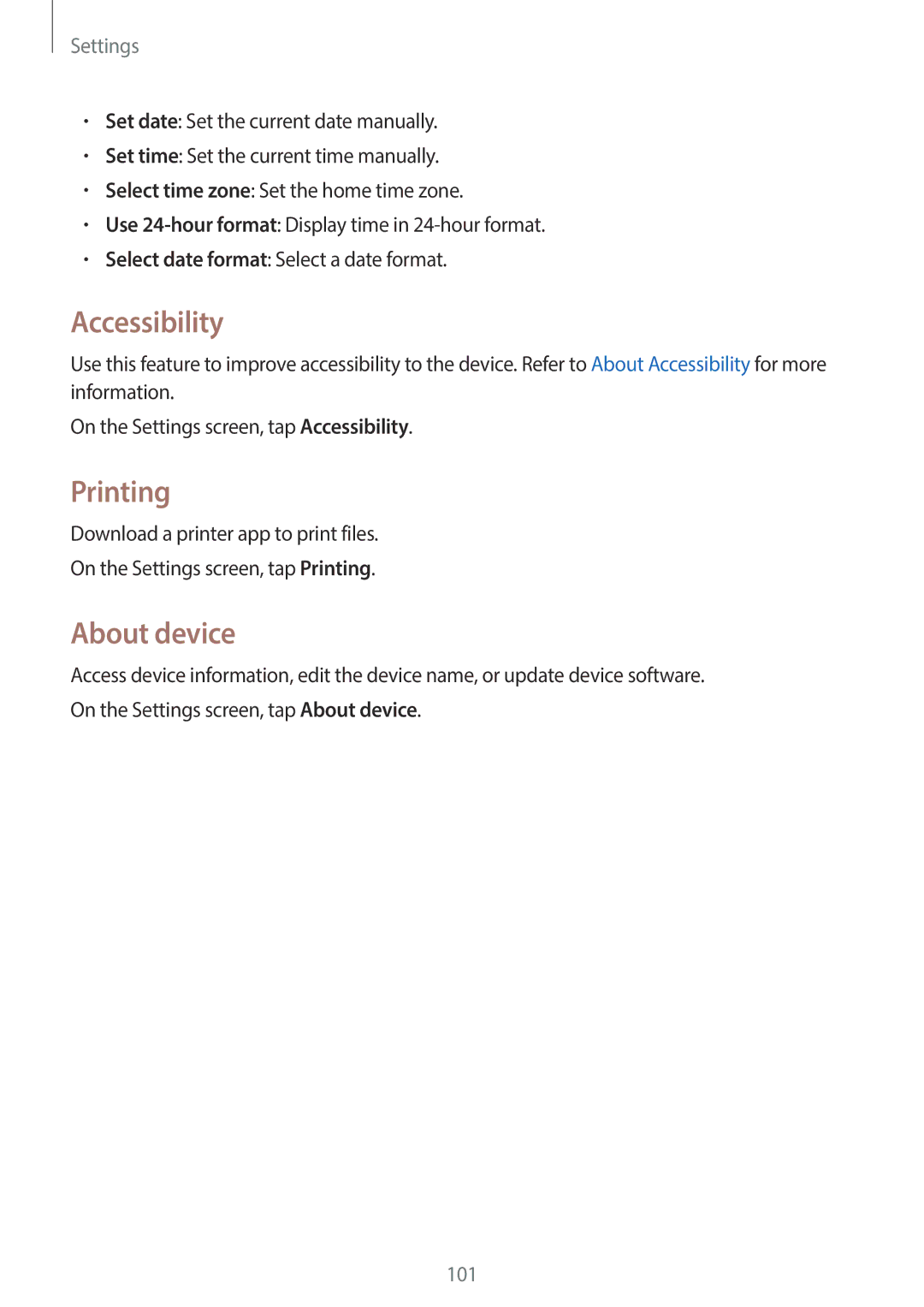 Samsung SM-G130EZWAKSA manual Accessibility, Printing, About device 