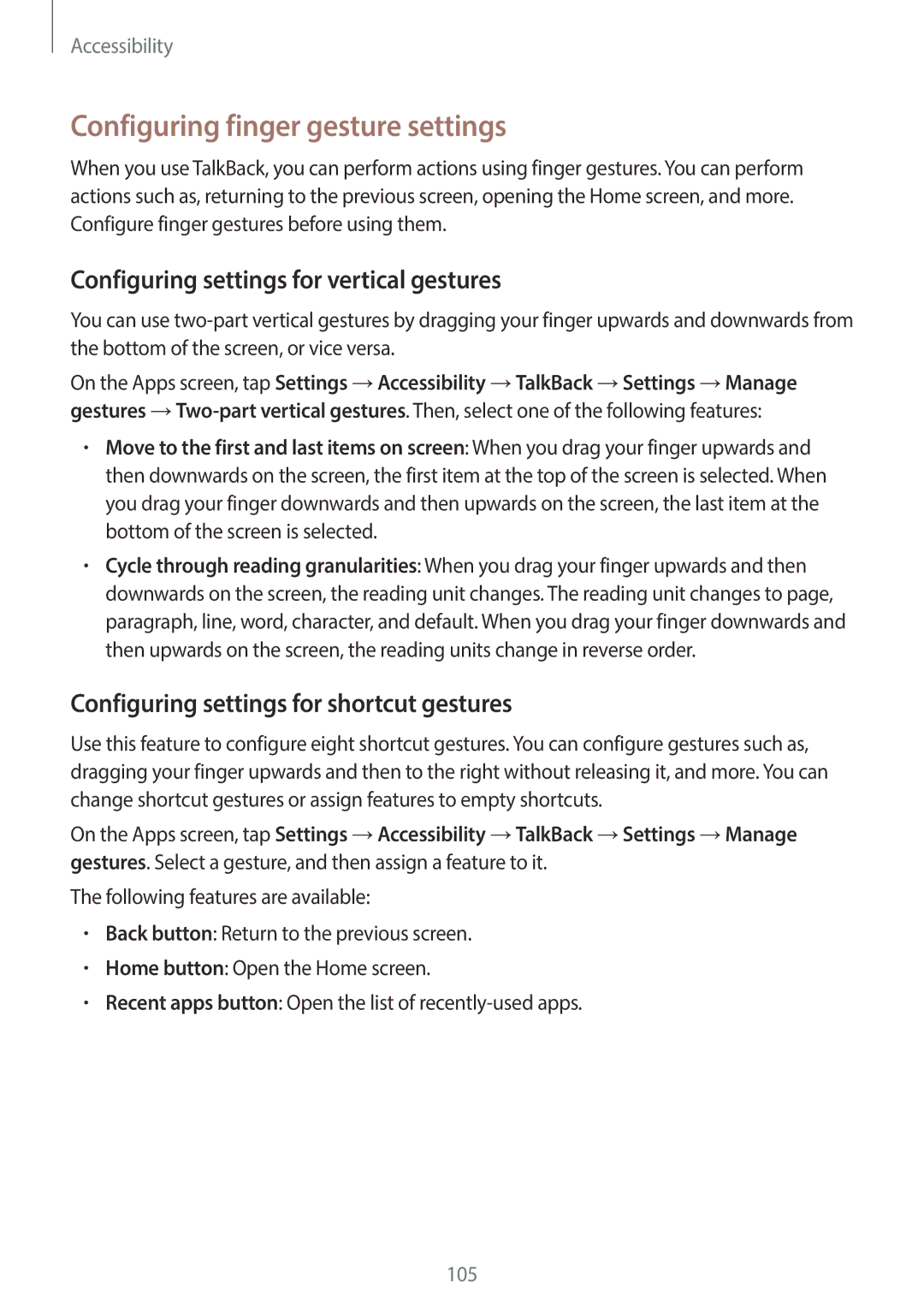 Samsung SM-G130EZWAKSA manual Configuring finger gesture settings, Configuring settings for vertical gestures 