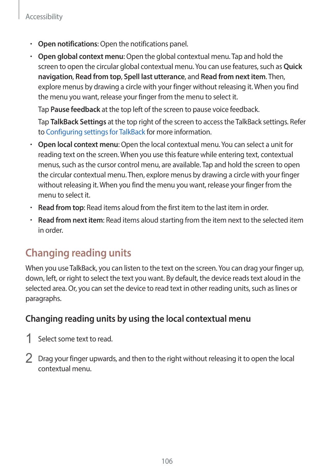 Samsung SM-G130EZWAKSA manual Changing reading units by using the local contextual menu 