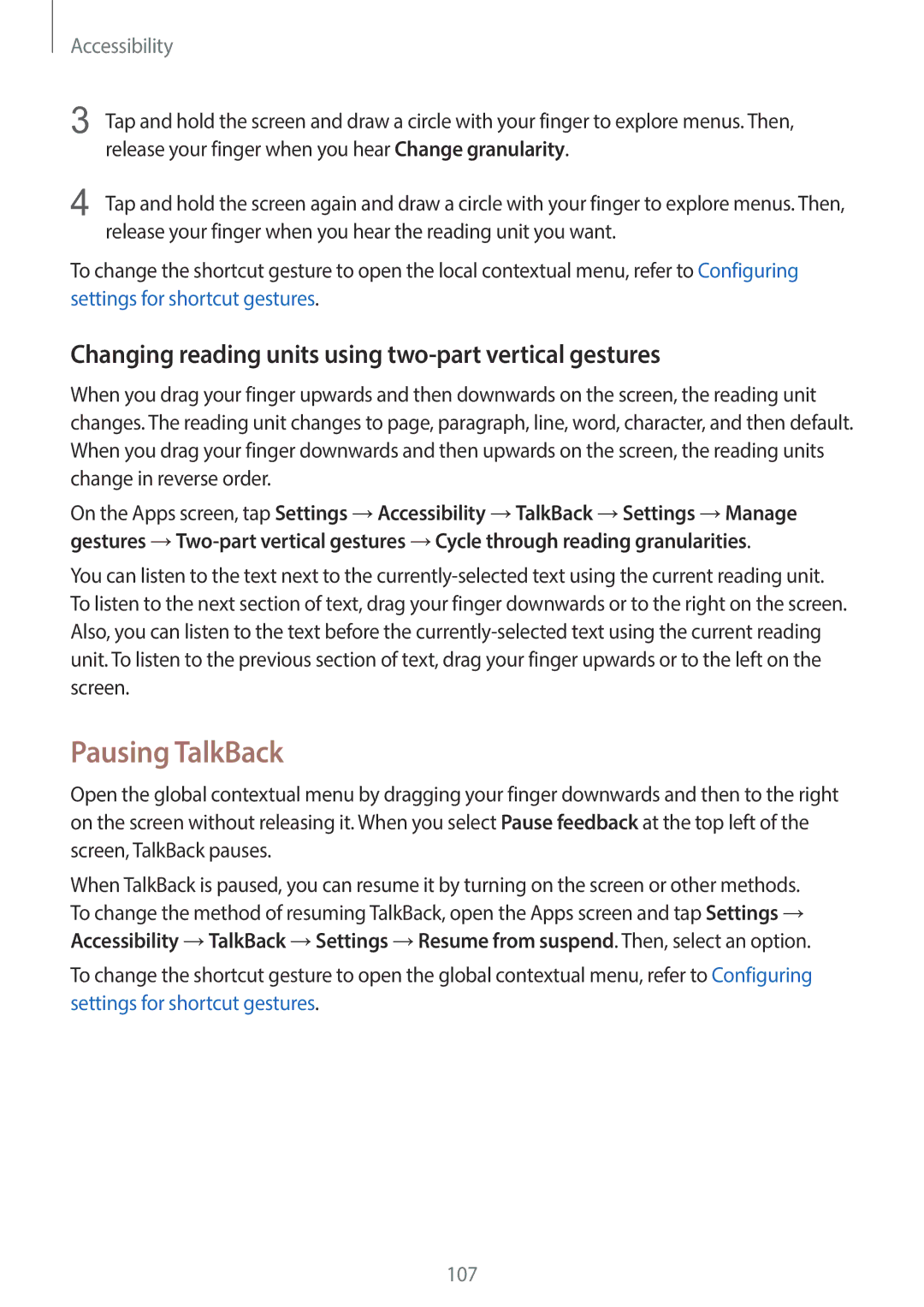 Samsung SM-G130EZWAKSA manual Pausing TalkBack, Changing reading units using two-part vertical gestures 