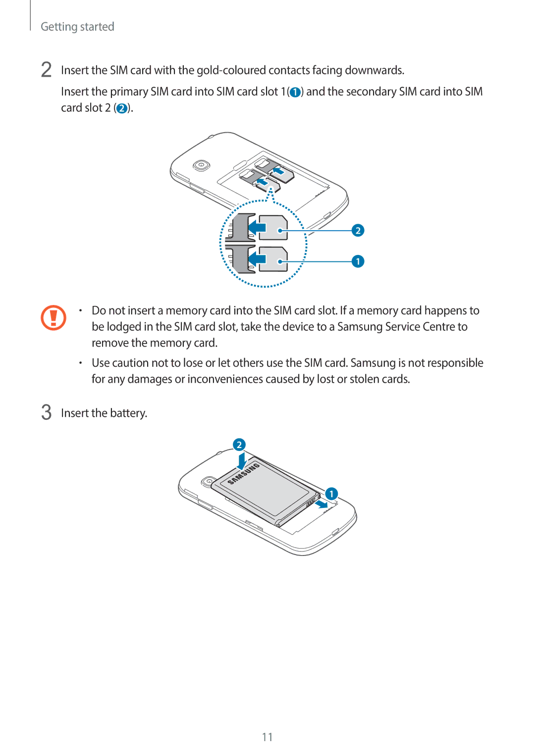 Samsung SM-G130EZWAKSA manual Insert the battery 