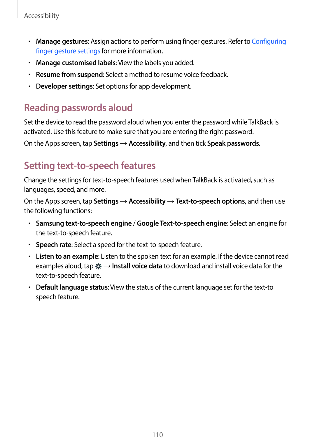 Samsung SM-G130EZWAKSA manual Reading passwords aloud, Setting text-to-speech features 