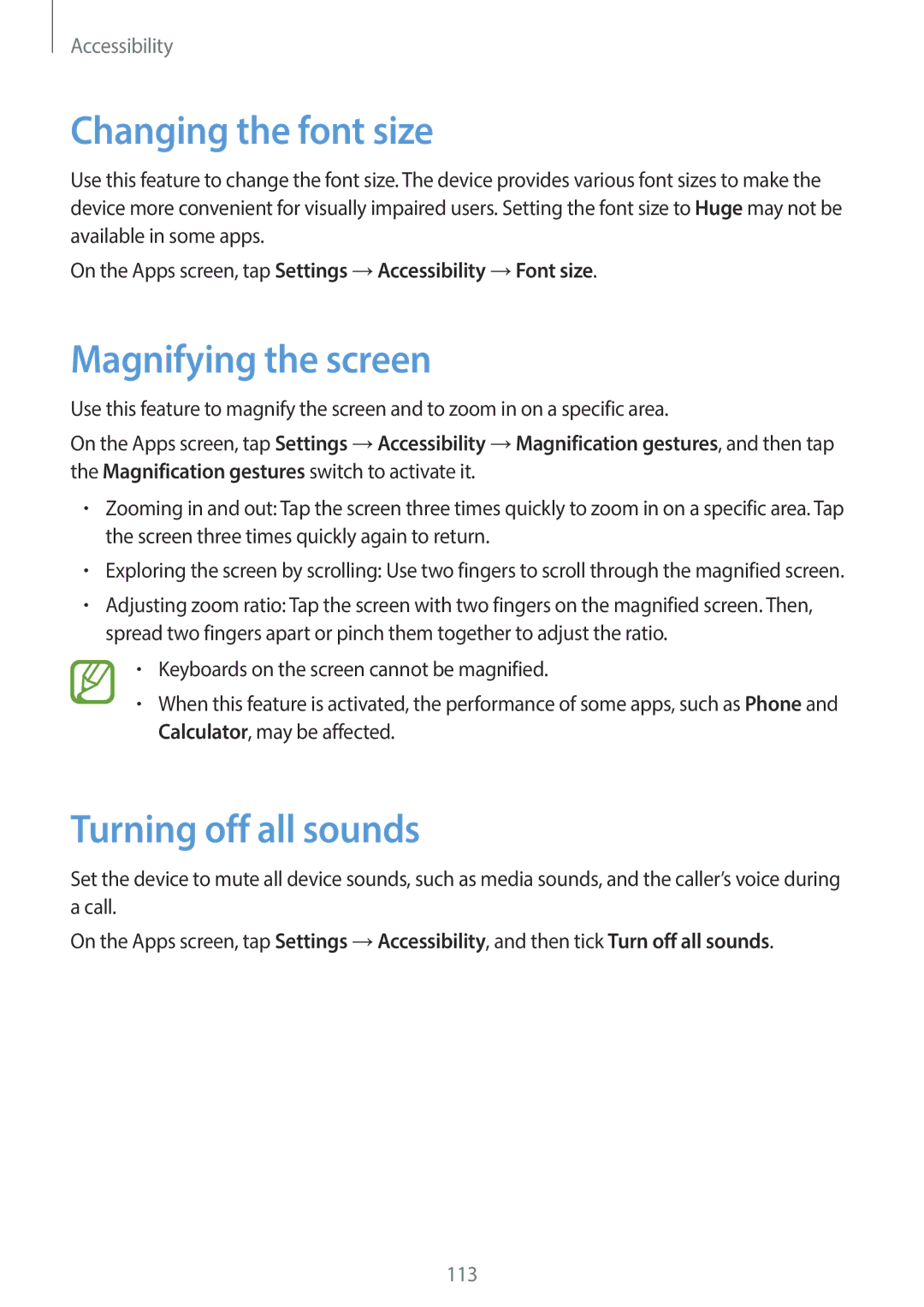 Samsung SM-G130EZWAKSA manual Changing the font size, Magnifying the screen, Turning off all sounds 