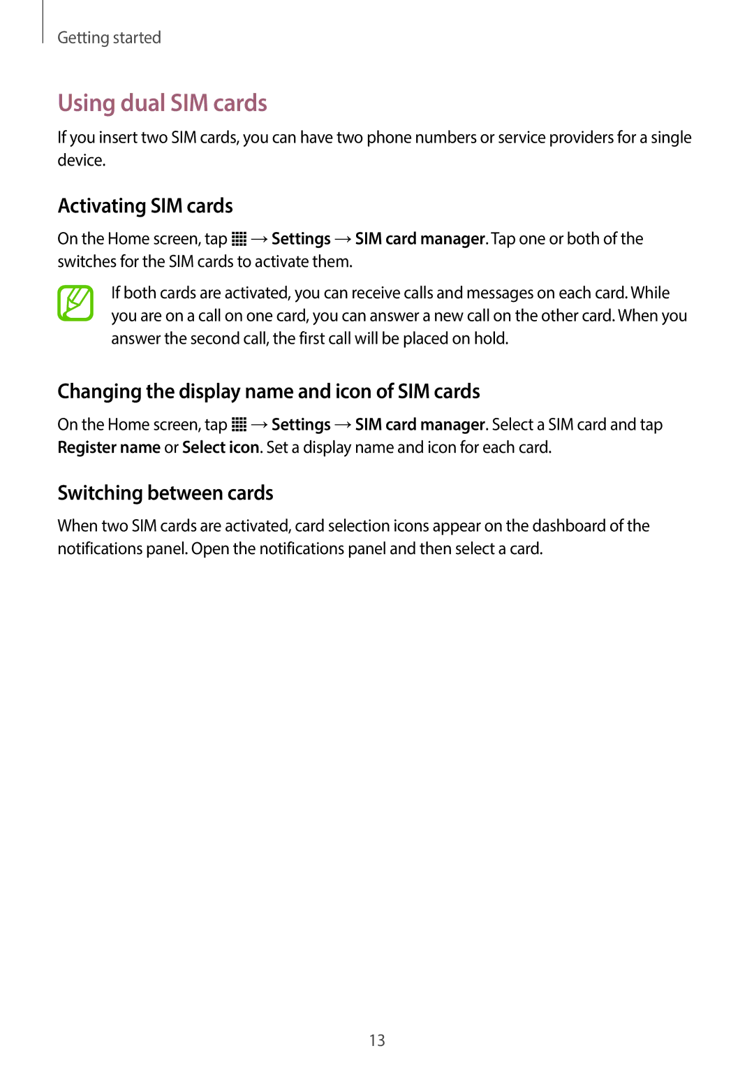 Samsung SM-G130EZWAKSA manual Using dual SIM cards, Activating SIM cards, Changing the display name and icon of SIM cards 