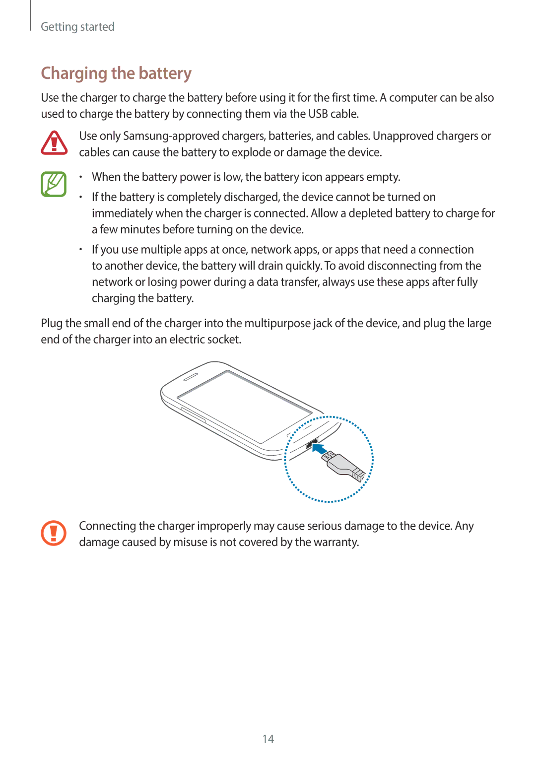 Samsung SM-G130EZWAKSA manual Charging the battery 