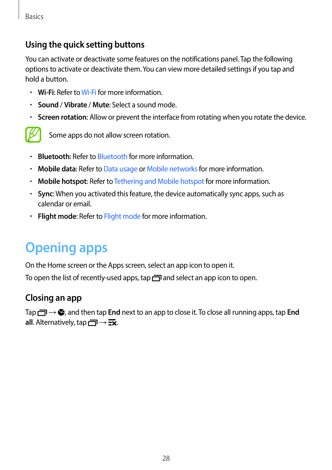 Samsung SM-G130EZWAKSA manual Opening apps, Using the quick setting buttons, Closing an app 