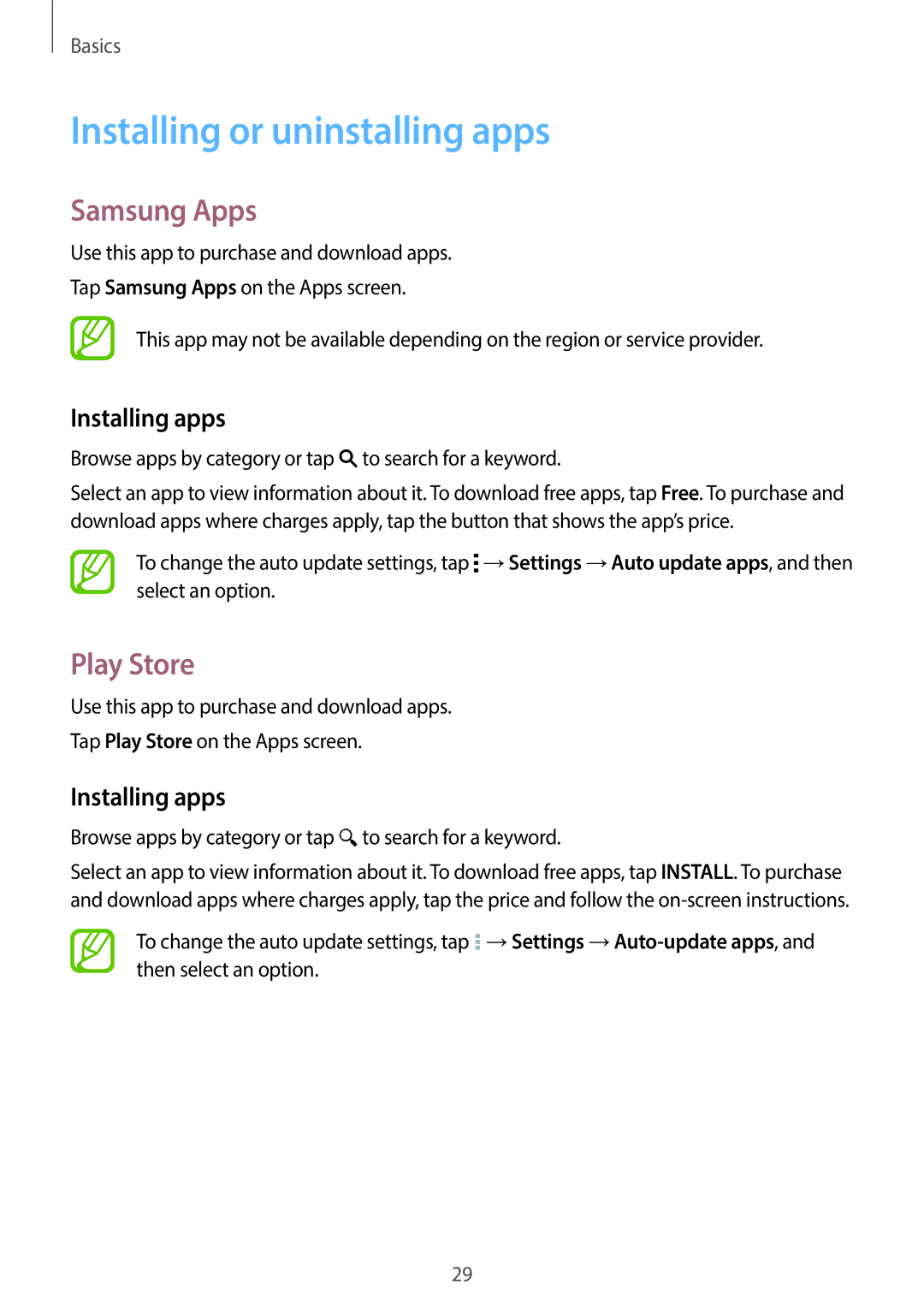 Samsung SM-G130EZWAKSA manual Installing or uninstalling apps, Samsung Apps, Play Store, Installing apps 