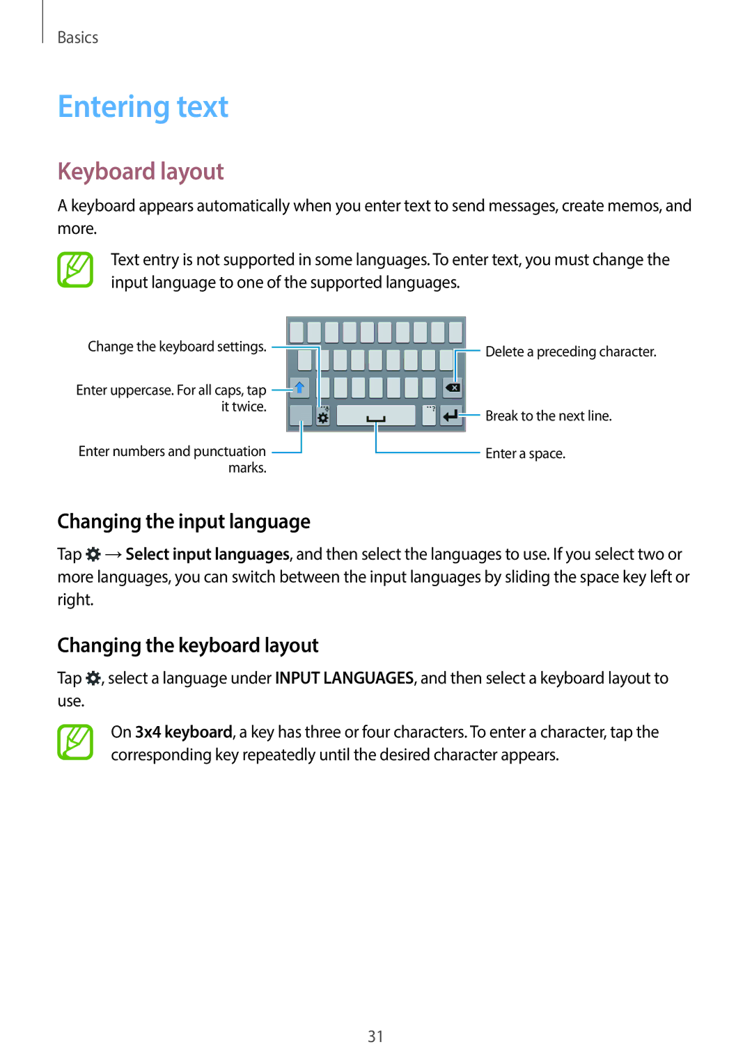 Samsung SM-G130EZWAKSA manual Entering text, Keyboard layout, Changing the input language, Changing the keyboard layout 