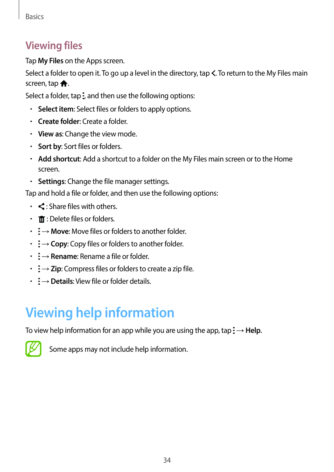 Samsung SM-G130EZWAKSA manual Viewing help information, Viewing files 