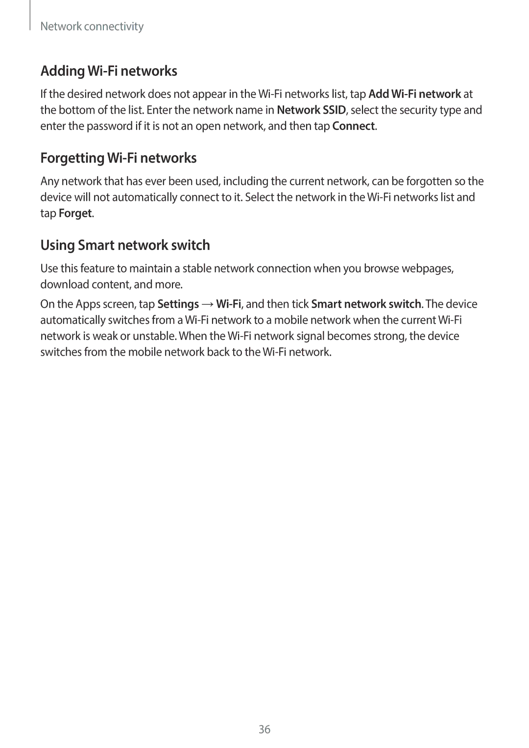 Samsung SM-G130EZWAKSA manual Adding Wi-Fi networks, Forgetting Wi-Fi networks, Using Smart network switch 