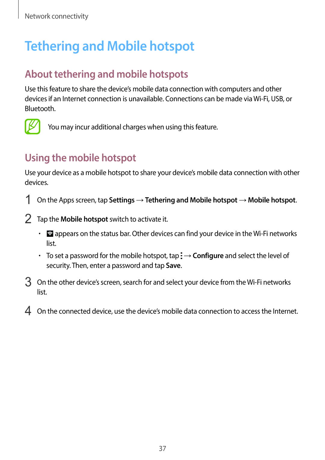 Samsung SM-G130EZWAKSA manual Tethering and Mobile hotspot, About tethering and mobile hotspots, Using the mobile hotspot 