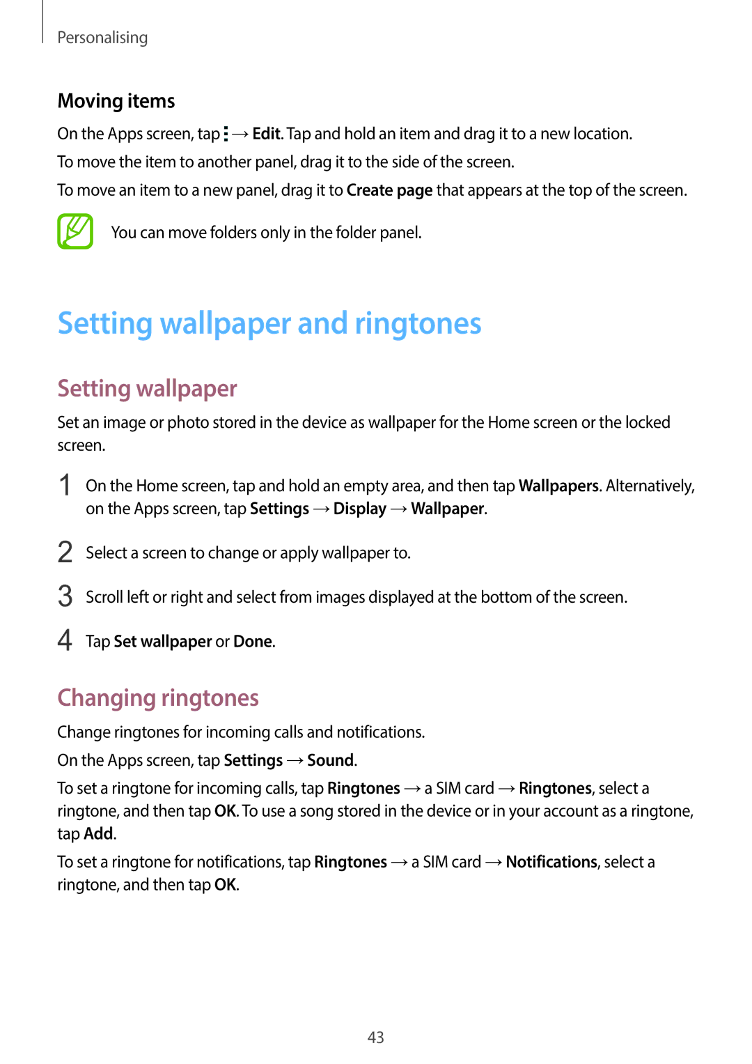 Samsung SM-G130EZWAKSA manual Setting wallpaper and ringtones, Changing ringtones, Moving items, Tap Set wallpaper or Done 