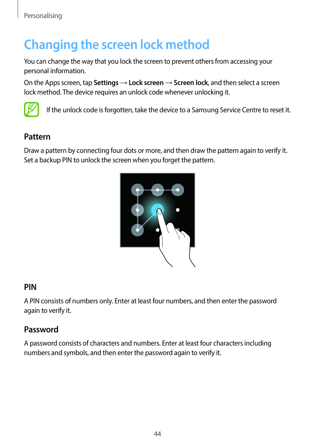 Samsung SM-G130EZWAKSA manual Changing the screen lock method, Pattern, Password 