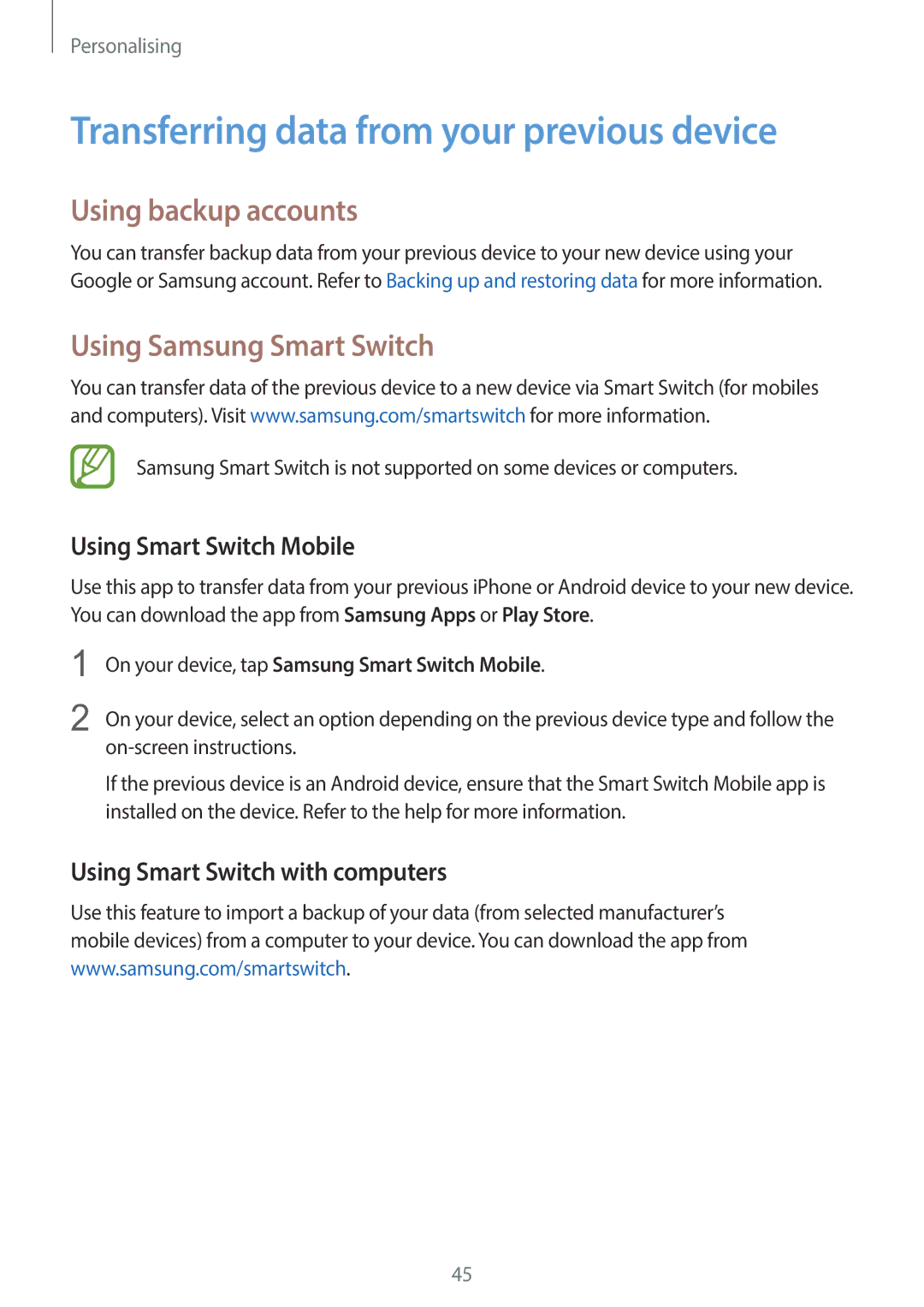 Samsung SM-G130EZWAKSA Transferring data from your previous device, Using backup accounts, Using Samsung Smart Switch 